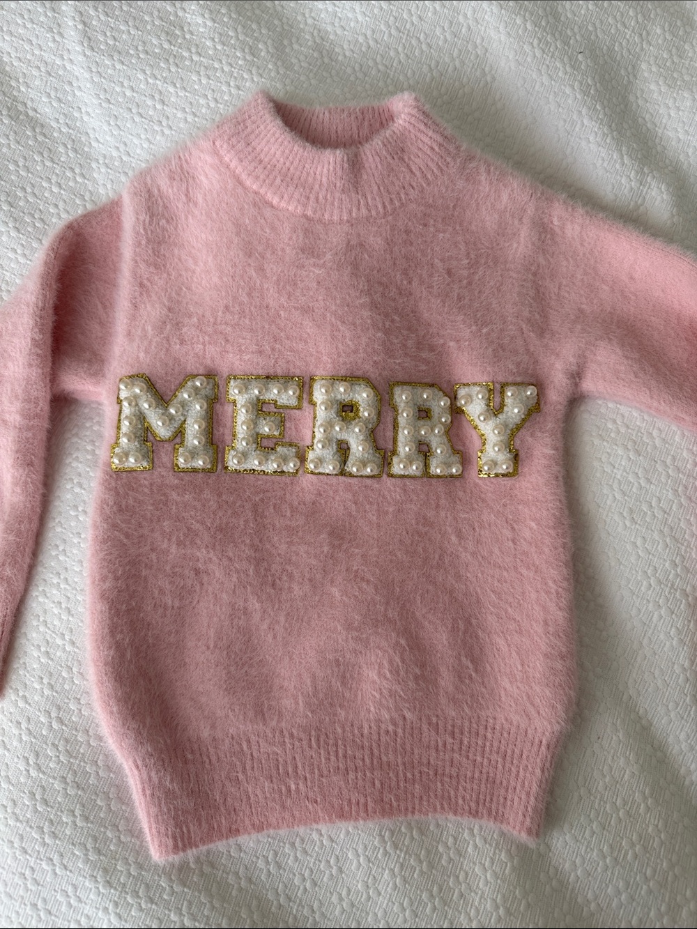 Lola + The Boys Pink Pearl 'MERRY' Fuzzy Mock Neck Sweater